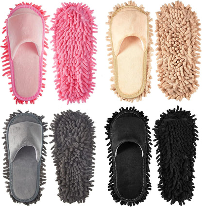 Jecery 4 Pair Washable Microfiber Mop Slippers Detachable Dusting Shoes for Floor Cleaning, Office & Home Use Suitable for Women & Men(Blue, Brown, Beige, White,L Size)