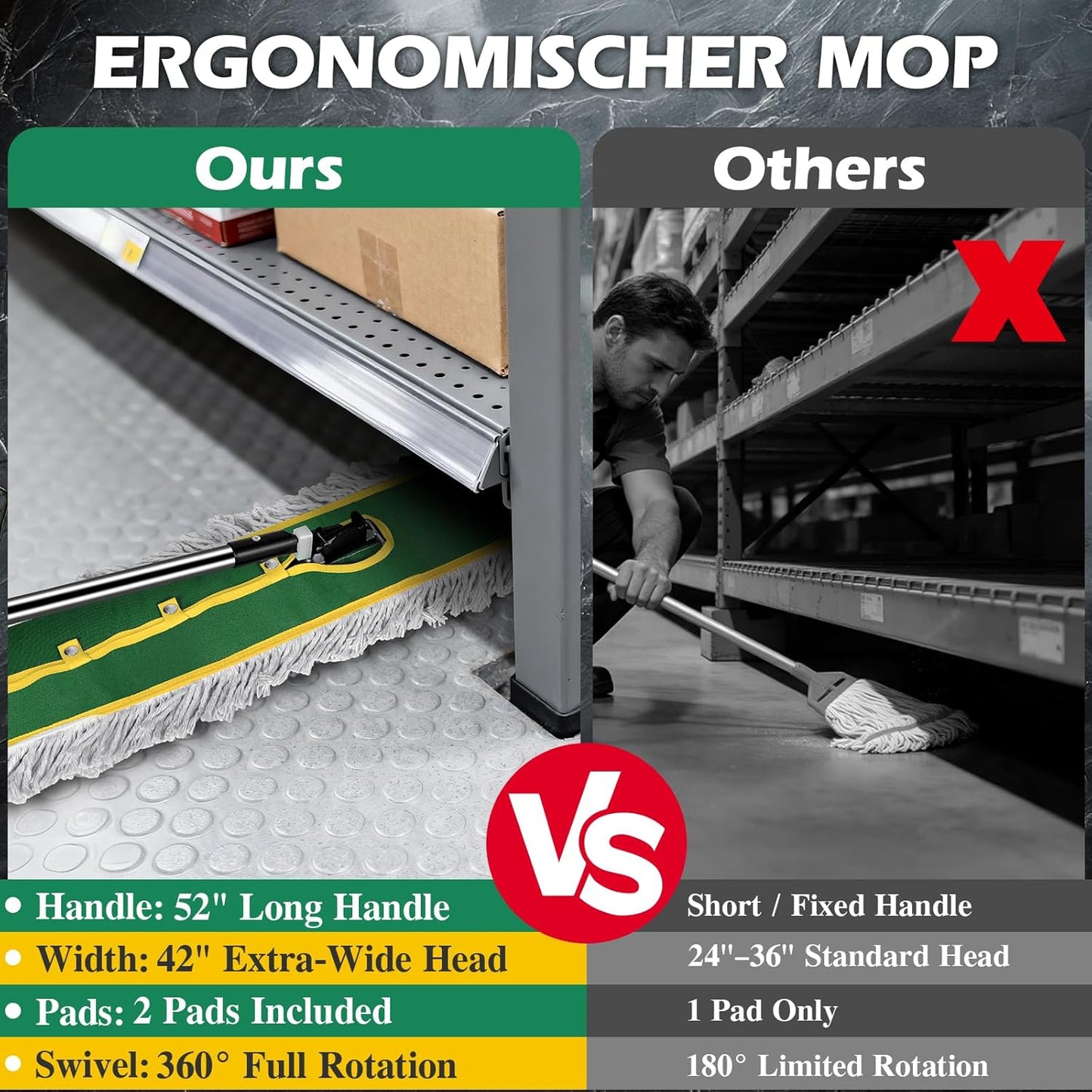 42" Commercial Dust Mop for Floor Cleaning, MASTERTOP Large Flat Mop with Long Handle, Sweeping Broom with 2 Different Mops Pads, Industrial Mop for Hardwood, Tile, Gym, Office, Mall, Warehouse