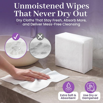 Disposable Dry Wipes, 200 Pack – Ultra Soft Non-Moistened Cleansing Cloths for Adults, Incontinence, Baby Care, Makeup Removal – 9.5" x 13.5" - Hospital Grade, Durable – by ProHeal