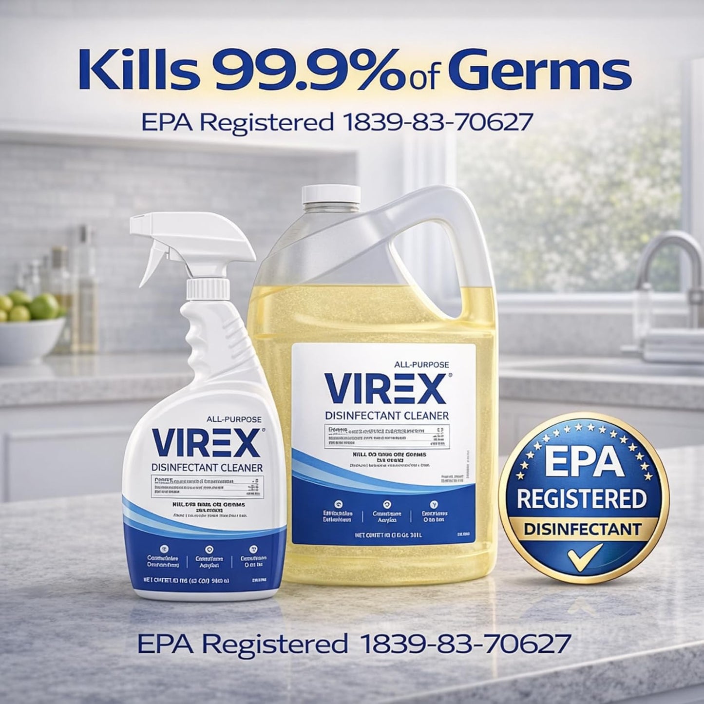 VIREX Diversey CBD540540 All Purpose Disinfectant Cleaner, For Home & Commercial Use, Kills 99.9% of Germs, Multi-Surface, Lemon Scent, Capped Ready-to-Use Spray, 32-Ounce