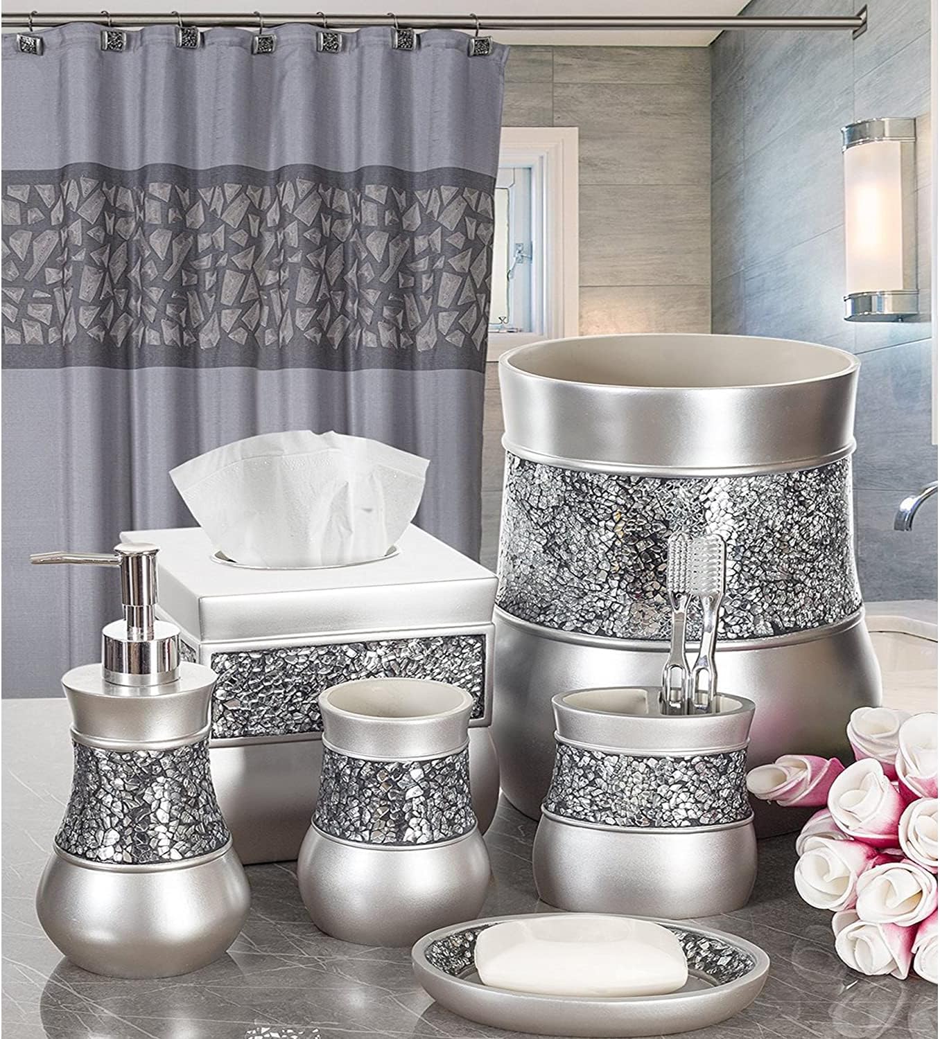 Creative Scents Crackled Glass Toilet Brush with Holder - Silver Toilet Bowl Cleaner Brush and Holder - Good Grip, Deep Cleaning, Decorative Design Compact Toilet Bowl Scrubber