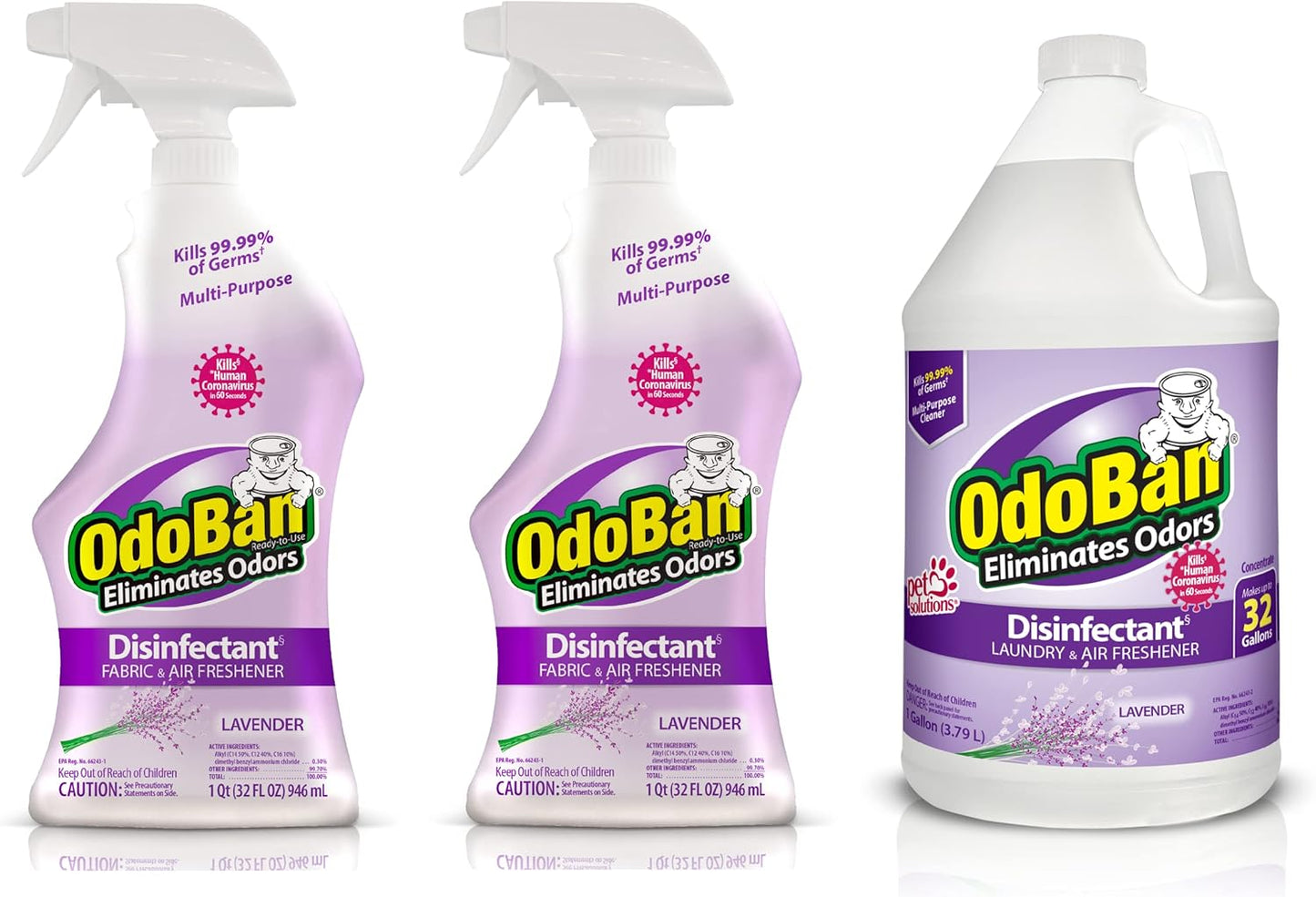 OdoBan Ready-to-Use Disinfectant and Odor Eliminator, Made in the USA, Original Eucalyptus Scent, Set of 3, 2 Spray Bottles, 32 Ounces Each and 1 Gallon Concentrate