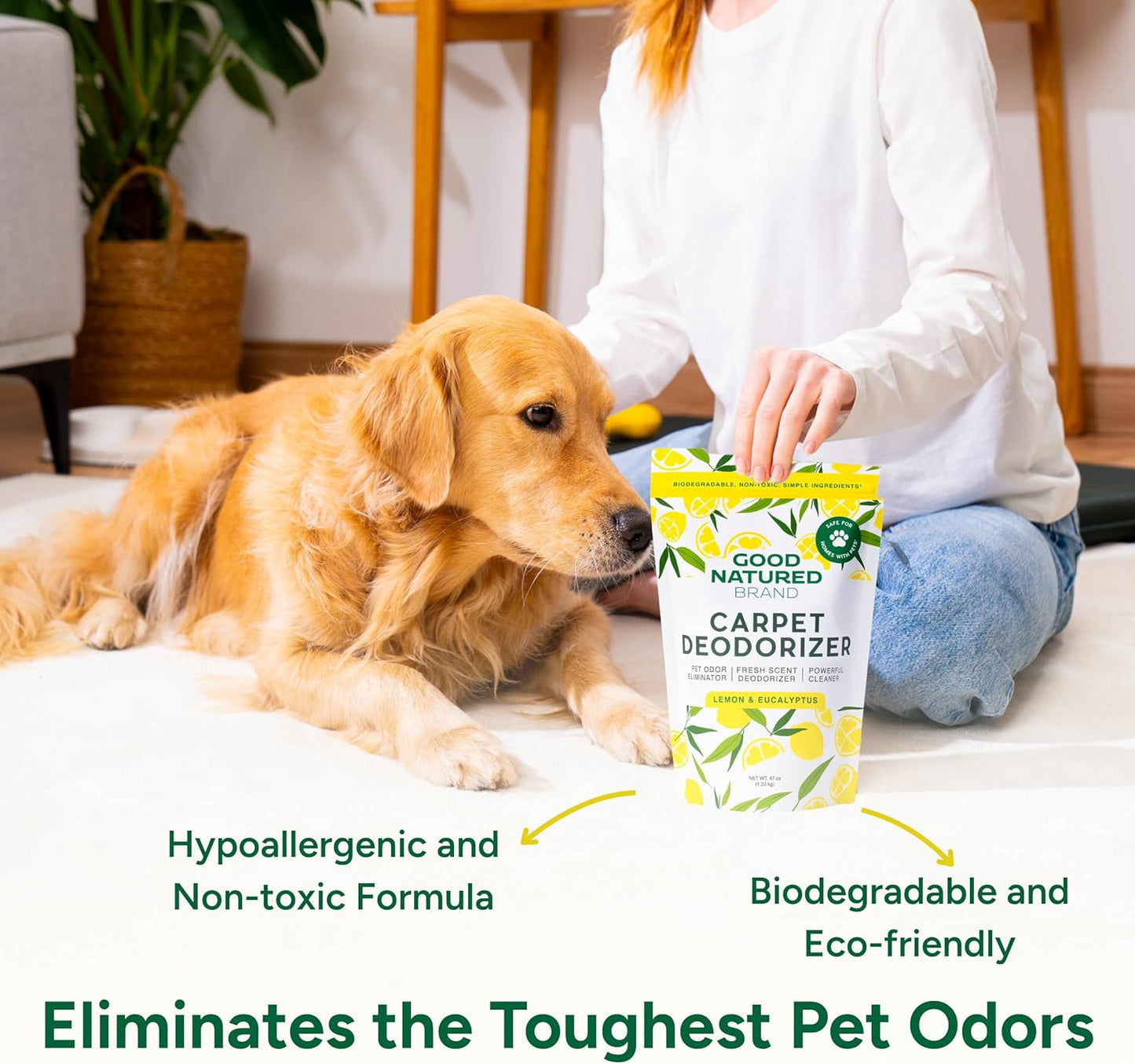 Good Natured Brand | Carpet Deodorizer & Freshener Powder | 31 oz Pet Odor Eliminator for Strong Odor & Pet Urine | Fresh Natural Lemon Scent | Safe for Homes with Pets