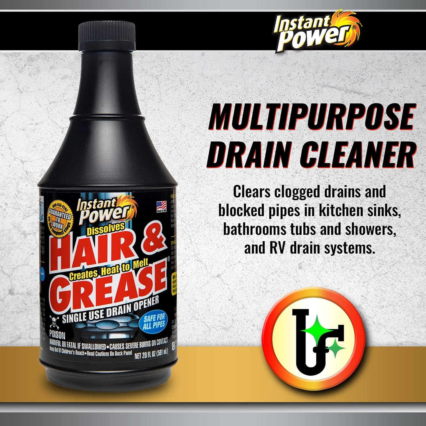 Instant Power Hair and Grease Drain Cleaner - Shower Drain & Sink Cleaner, Liquid Clog Remover, Made in USA, Sink Deodorizer - 1 Liter (Pack of 2)