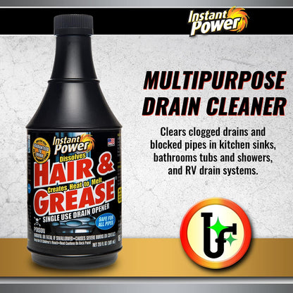 Instant Power Hair and Grease Drain Cleaner - Shower Drain & Sink Cleaner, Liquid Clog Remover, Made in USA, Sink Deodorizer - 1 Liter (Pack of 2)