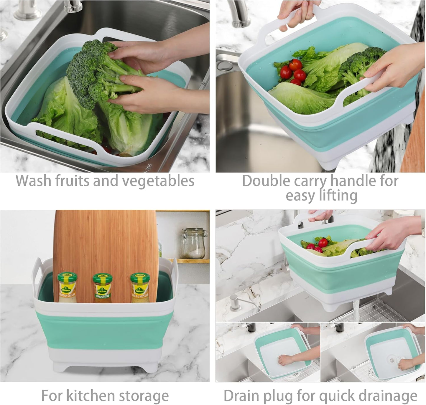 2 Pack Dishpan for Washing Dishes, 2.4Gal/9L Wash Basin with Draining Plug Carry Handles, Collapsible Bucket for Cleaning, Portable Sink, Foldable Plastic Tub