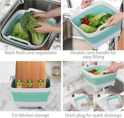 2 Pack Dishpan for Washing Dishes, 2.4Gal/9L Wash Basin with Draining Plug Carry Handles, Collapsible Bucket for Cleaning, Portable Sink, Foldable Plastic Tub