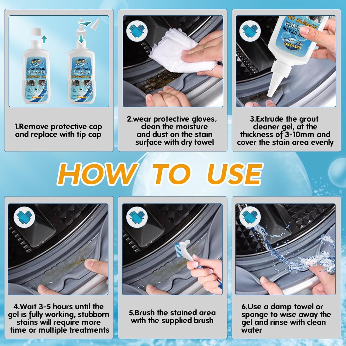 Mold Stain Remover Gel, Washing Machine Cleaner for Front Loader Washer Gasket Rubber Seal Home Stain Removal Gel for Grout, Caulk, Refrigerator, Shower, Bathtub, Bathroom Cleaning Solution (5 Fl Oz)