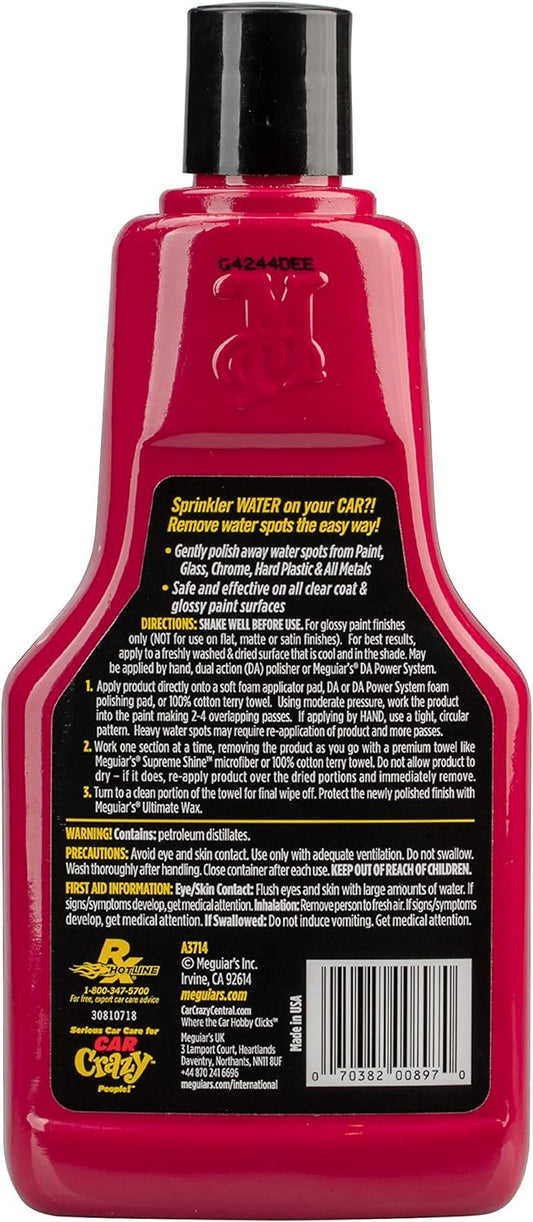 Meguiar's Water Spot Remover, Heavy Duty Water Spot Remover for Cars, Remove Water Stains and Polish Glossy Paint with a Versatile Clear Coat Safe Formula, 16 oz