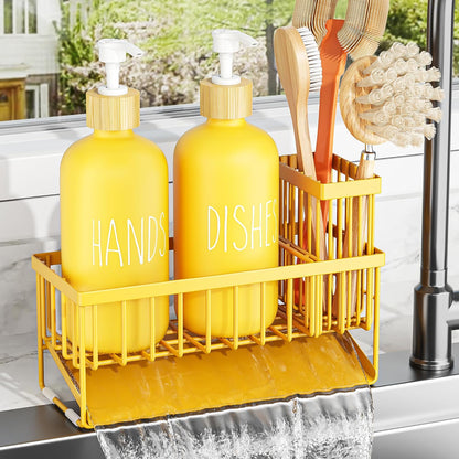 Cisily Kitchen Dish Soap Dispenser Set with 2 Pack 16.9oz Black Glass Bottle and Sponge Holder, Dish Soap Dispensers with Adjustable Sponge Holder, Vintage Hand and Dish Soap Dispensers Set