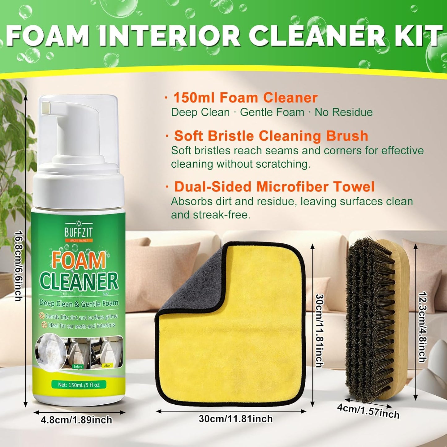 Car Interior Foam Cleaner, All-in-One Kit with Soft Brush & Microfiber Towel, Deep Clean Seats, Carpet & Upholstery, No-Rinse, Safe on Leather, Fabric, Vinyl & Plastic, 150ml (5oz)