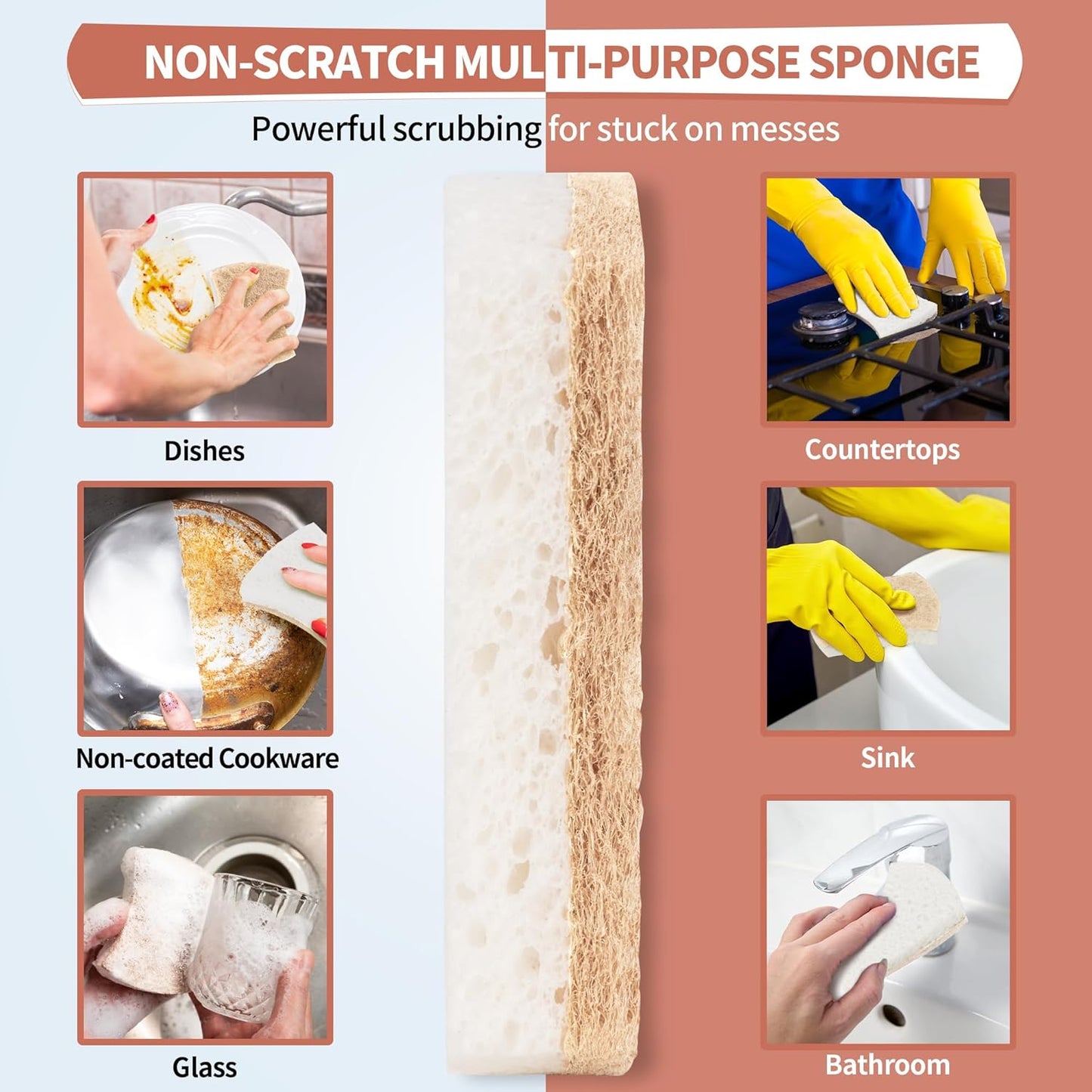 Non-Scratch Cellulose Scrub Sponges 12 Pack, Sponges Kitchen with Double-Side & Ergonomic Design for Dishes, Coated Cookware, Sink & Countertops.