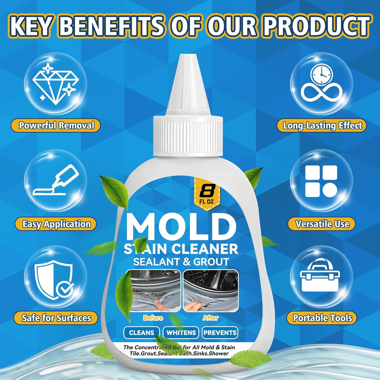 Mold Stain Cleaner Gel, 8 Fl Oz Washing Machine Cleaner with Brush, Mold Cleaner Gel for Front Loader Washing Machine Seal, Bathroom Grout, Kitchen Sink, Shower, Refrigerator Strip (Basil)