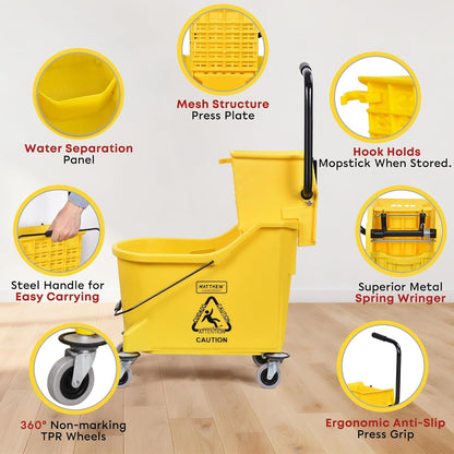 Matthew Cleaning 34 Quart Commercial Mop Bucket INCL.Wet String Mop with Side Press Wringer On Wheels,Heavy Duty Tandem Portable Floor Cleaning Wavebrake,Ideal for Household,Industrial,Restaurant