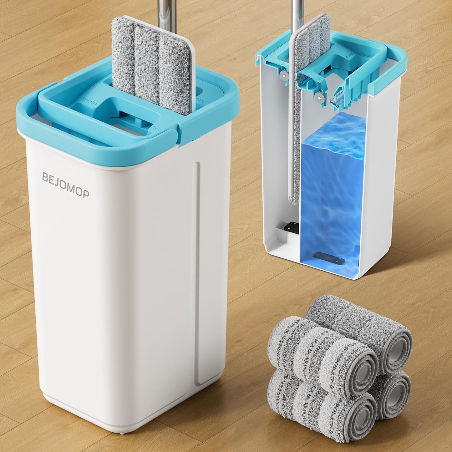 Mop and Bucket Set, Mops for Floor Cleaning with Long Handle, Squeeze Flat Mop and Bucket System, Dry & Wet Dust Mop for Household Floor Cleaning with 5 Microfiber Mops, Slate Blue