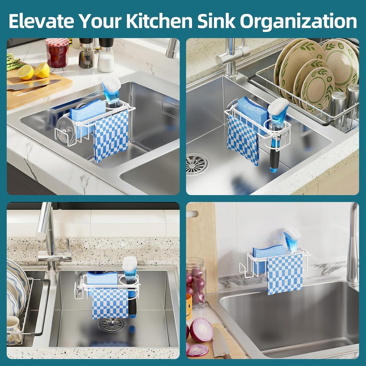 TAILI 4-in-1 Sink Caddy with Strong Suction Cup, Sponge Holder for Kitchen Sink Organizer, Removable, Rustproof, Stainless Steel Holder for Sponge, Brush, Scrubber, Scraper - Silver