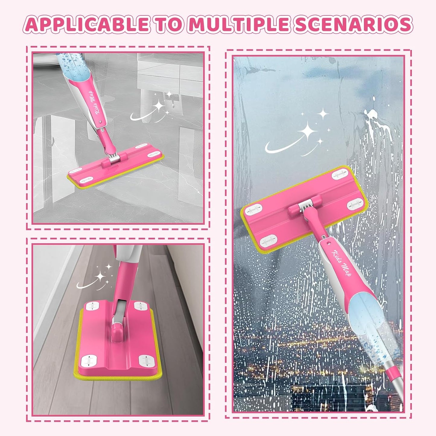 Kids Spray Mop - 30 Inch, 420ml Large Water Tank, Effective Cleaning Tool & Fun Montessori Toy, Pretend Play Housekeeping Set Toddlers Love (Magenta)