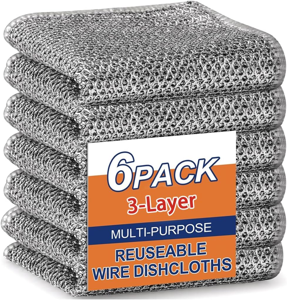 Upgraded 3-Layer Metal Dish Scrubber-6Pcs, No Scratches, Odor-Free, Multi-Purpose Stainless Steel Scouring Pad for Kitchen Cleaning – Dry & Wet Use, for Dishes, Cookware, Sinks, Stove Tops (6PCS)