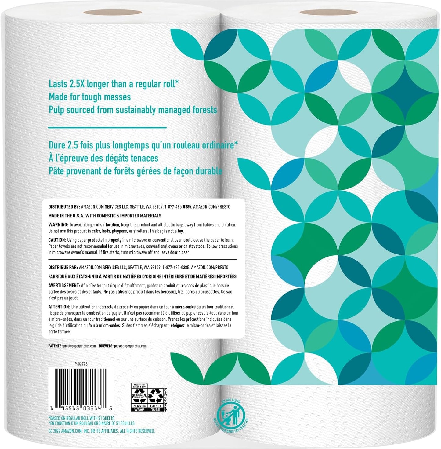Amazon Brand - Presto! Ultra-Strong Premium Paper Towels, 158 Sheet Huge Roll - Flex-a-Size, 12 Rolls (2 Packs of 6), Equivalent to 38 Regular Rolls, White