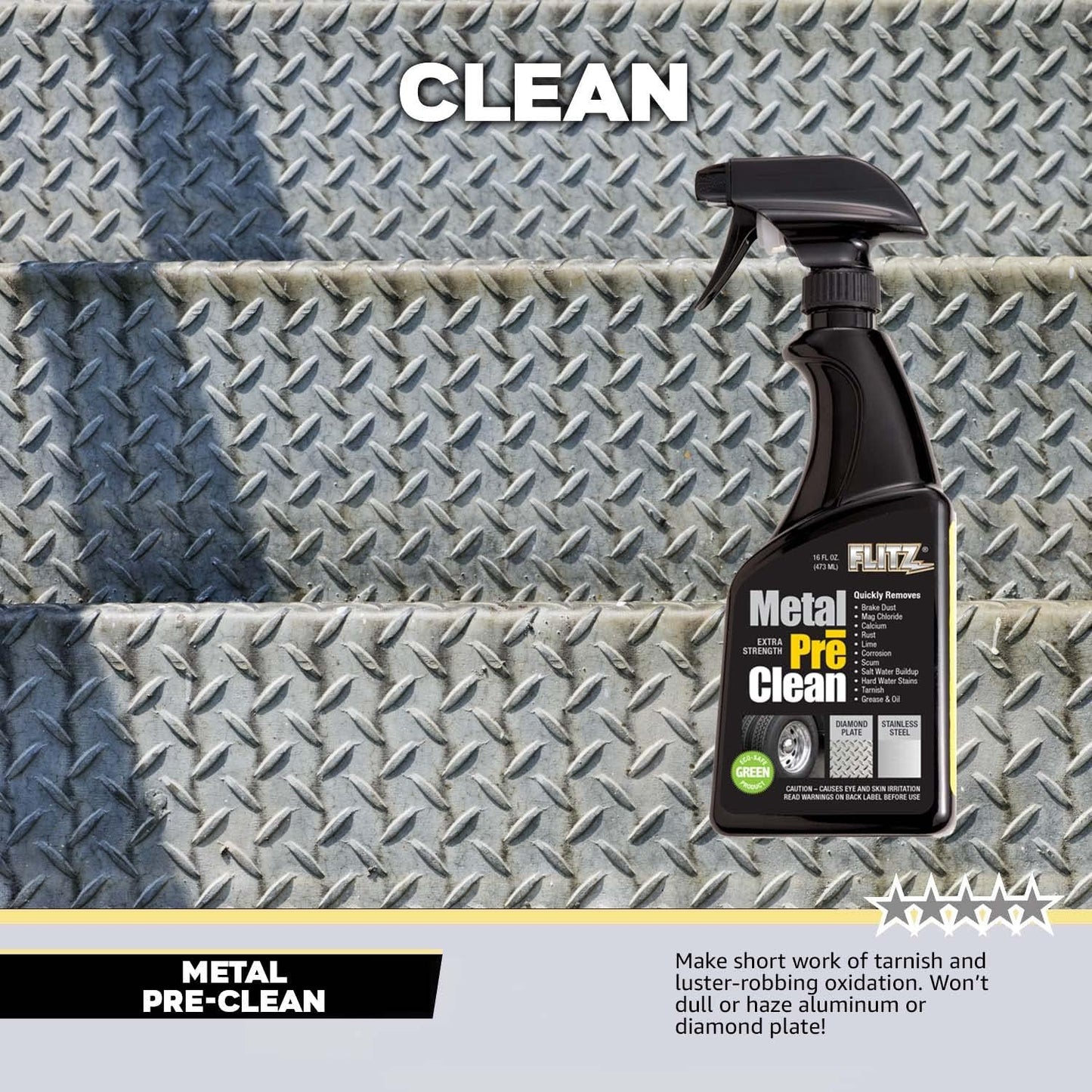 FLITZ Metal Pre-Clean - 16oz of USA-Made Stainless Steel Cleaner Spray - Works on Aluminum, Brass, Copper, & More - Tarnish, Rust Remover for Metals - Non-Abrasive Aluminum Deoxidizer (1 Pack)