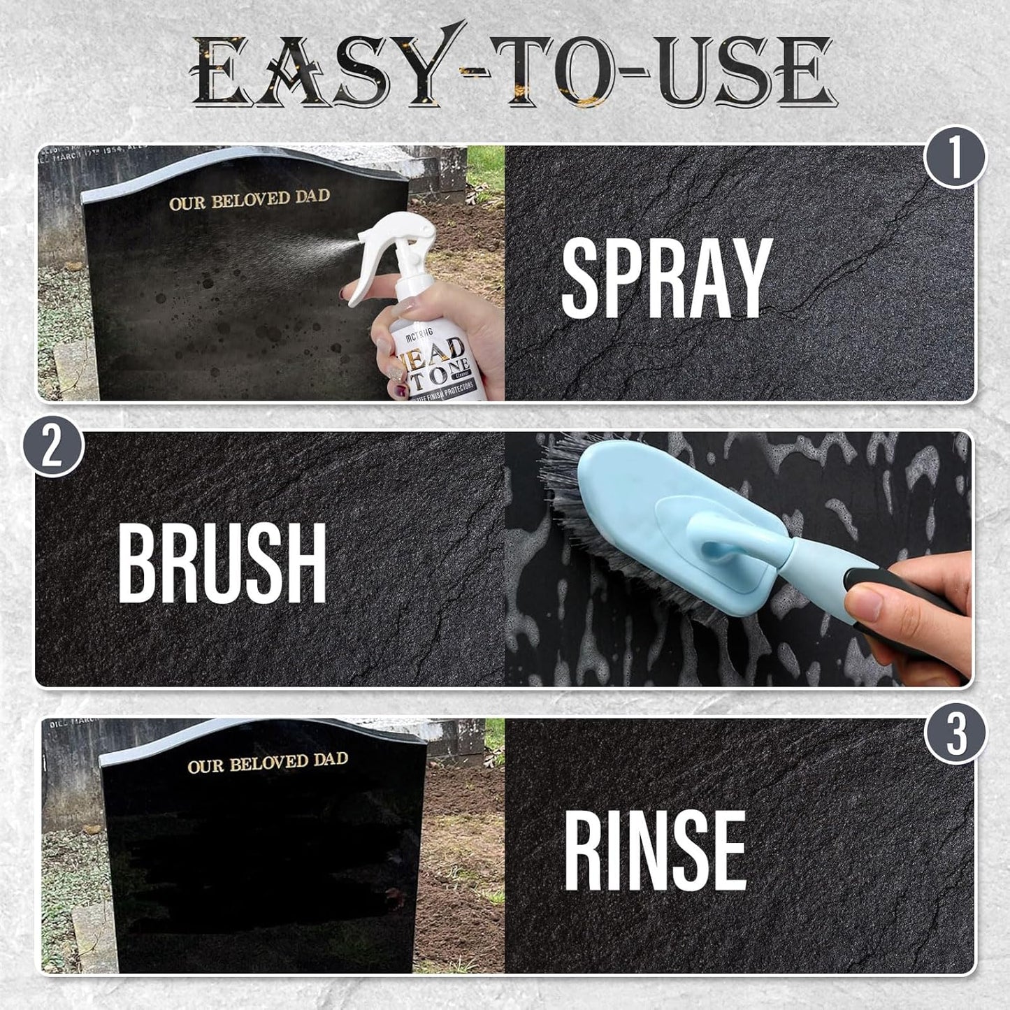 Headstone Cleaner for Graves, Tombstone & Headstone, Removes Dirt, Moss & Other Grime, for Restoring Natural Luster on Granite, Stone, Marble, Slate, Concrete & More, 8.8 oz