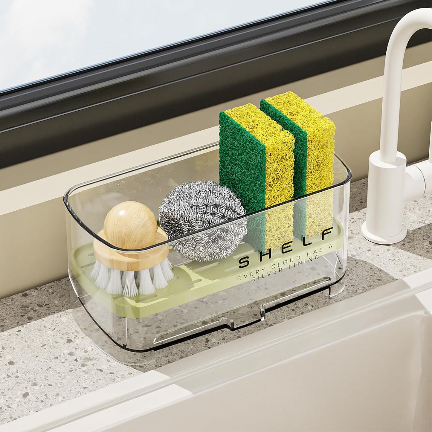 Sponge Holder for Kitchen Sink,Sink Caddy Organizer with Removable Brush Holder,Kitchen Countertop Soap Dispenser Storage with Detachable Towel Rack,Black