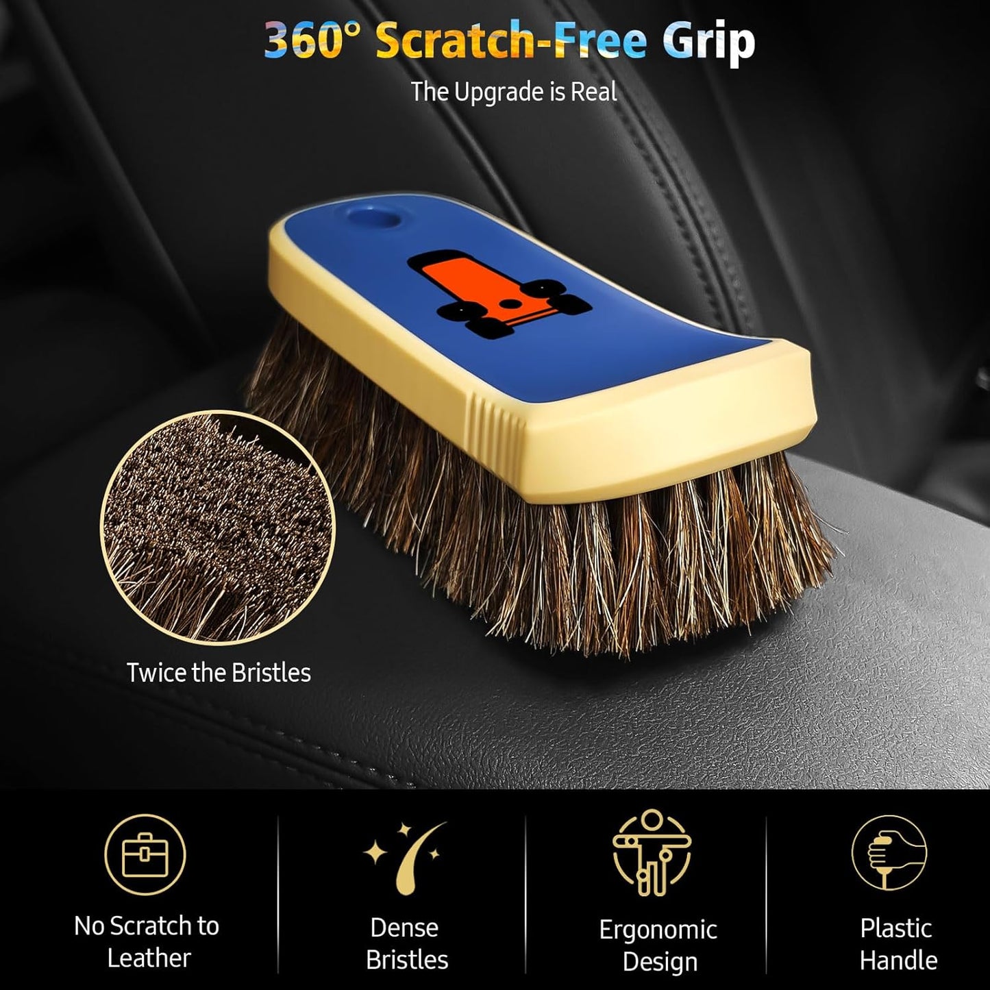 YeewayVeh 3pcs Car Detailing Brush Set, Boars Hair Detailing Brushes, Ultra Soft Detail Brush for Air Vent Leather Seat, Scratch Free Car Detailing Brushes for Interior Exterior, Orange