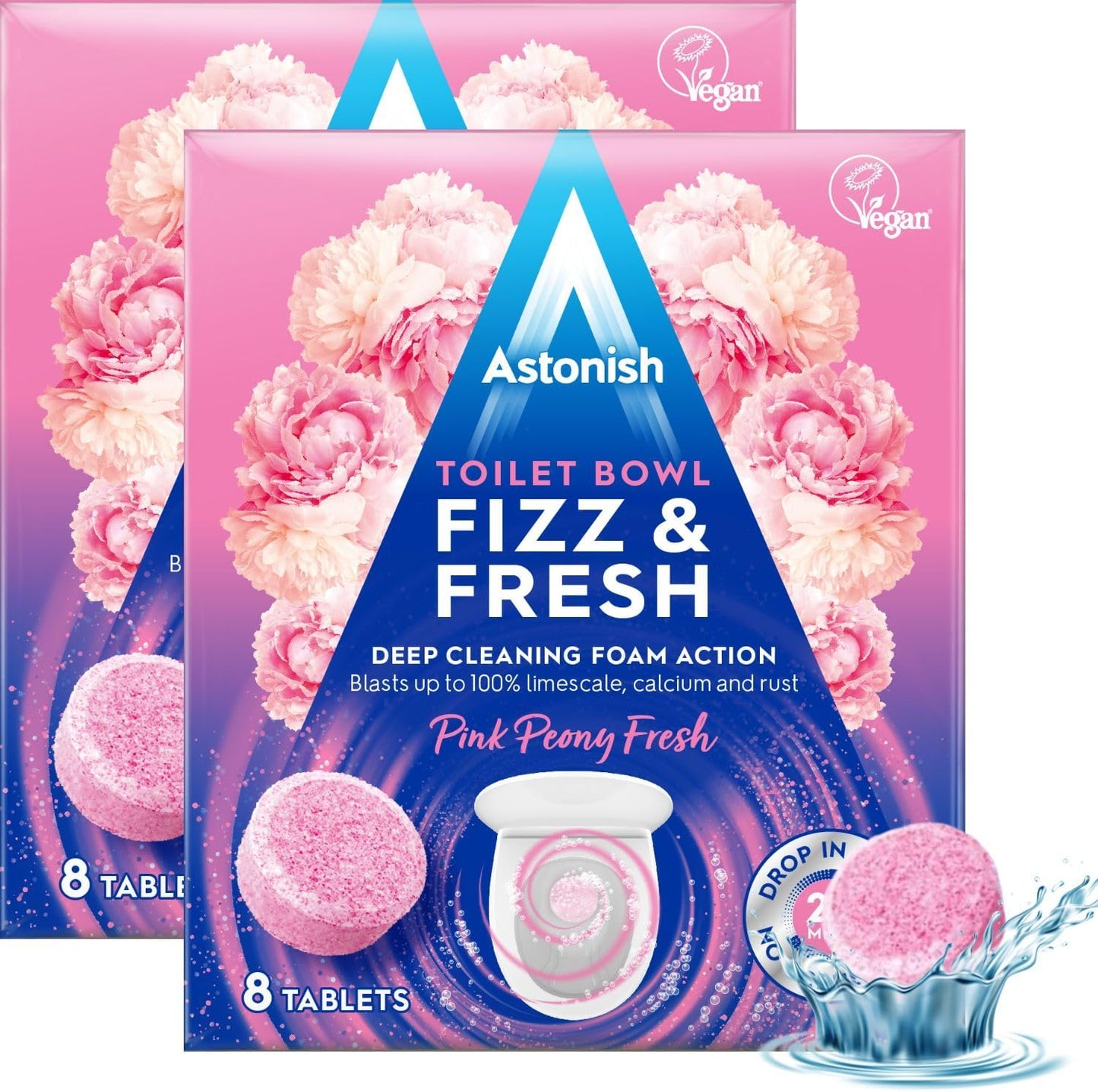 Astonish Foaming Pink Peony Toilet Bowl Cleaner - Deep Cleaning Limescale, Calcium & Rust - No Bottle, Removes Hard Stains - Box of 8 Tablets