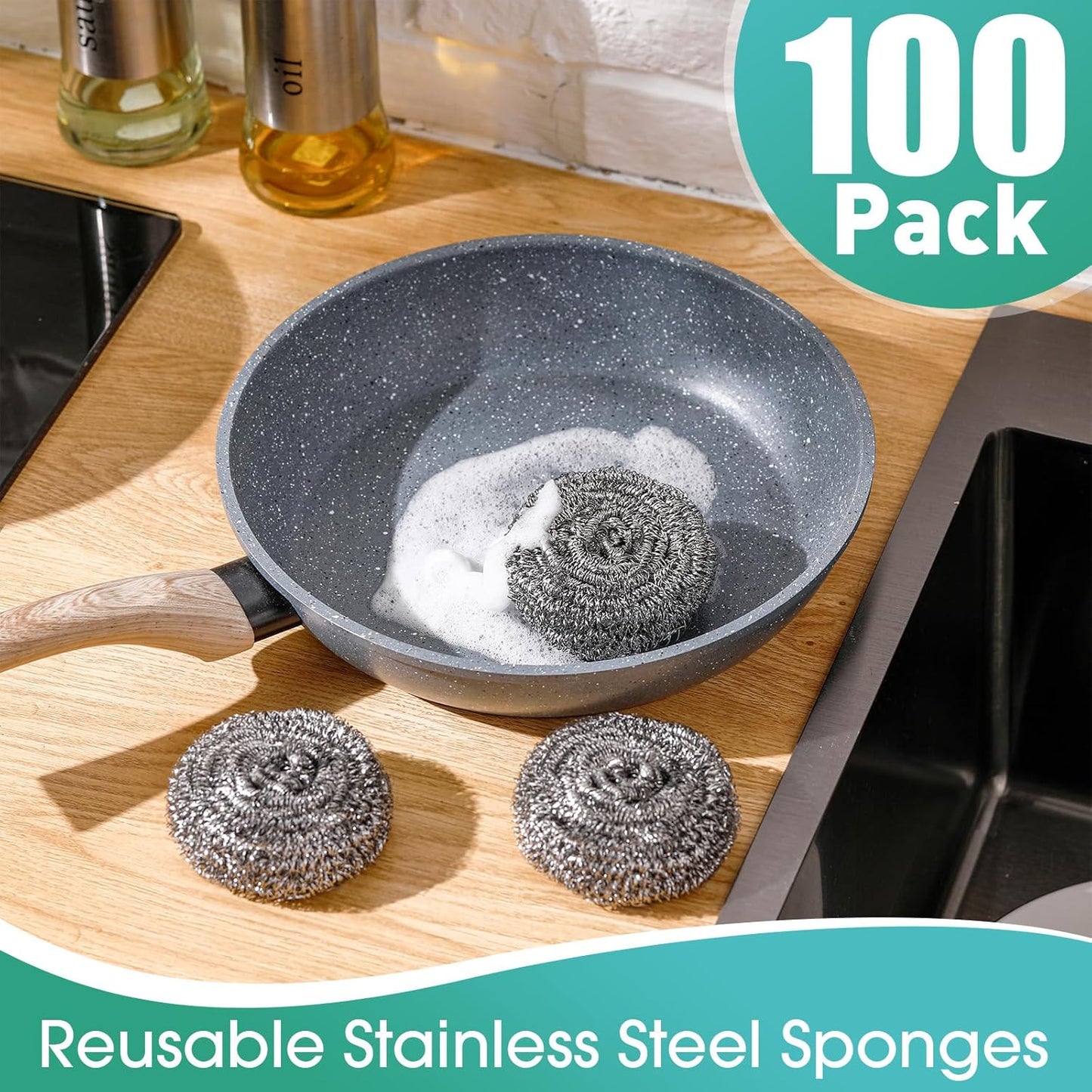 Roshtia 60 Pieces Stainless Steel Scouring Pad Bulk Metal Scrubber for Cleaning Dish 30 Gram Stainless Steel Sponge Round Metal Wool Scrubber for Cleaning Kitchen Bathroom Household