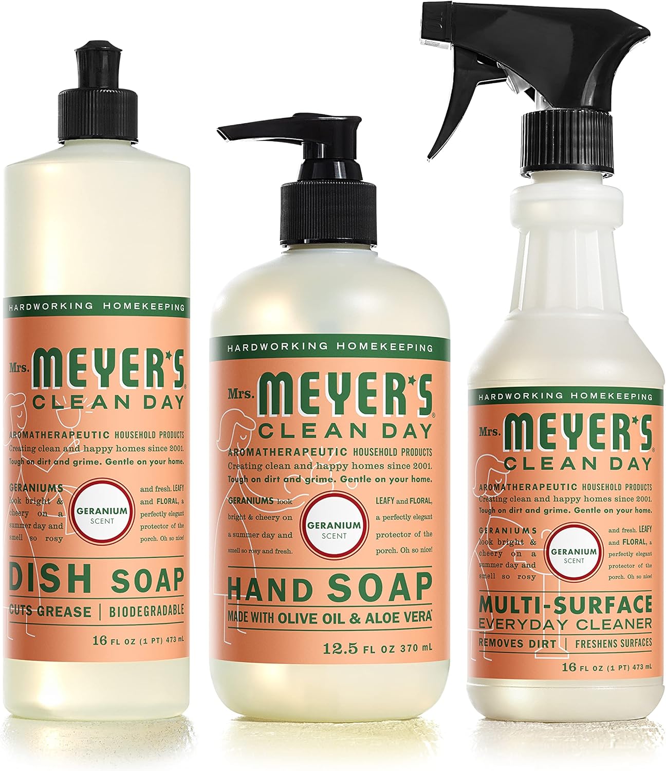 MRS. MEYER'S CLEAN DAY Kitchen Essentials Set, Includes: Hand Soap, Dish Soap, and All Purpose Cleaner, Lemon Verbena, 3 Count Pack