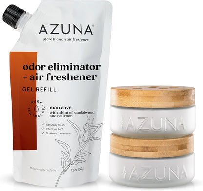 Azuna Air Freshener & Odor Eliminator for Strong Odor | 2 Room Kit Includes (2) 8 oz. Empty Luxe Glass Jars & 12 oz | Refill with Tea Tree Essential Oil Gel | Amalfi Breeze | Last 60-90 Days