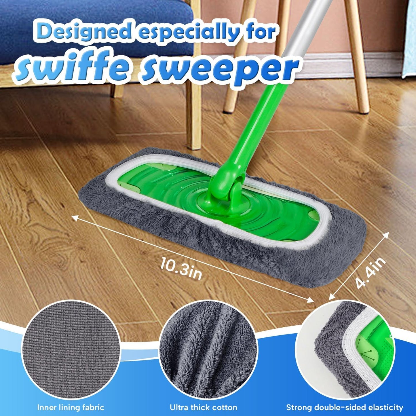 6 Pack Reusable Microfiber Mop Pads Compatible with Swiffer Sweeper, Dry Sweeping Cloths & Wet Mopping Cloths, Washable Mop Pads for Surface/Hardwood Floor Cleaning