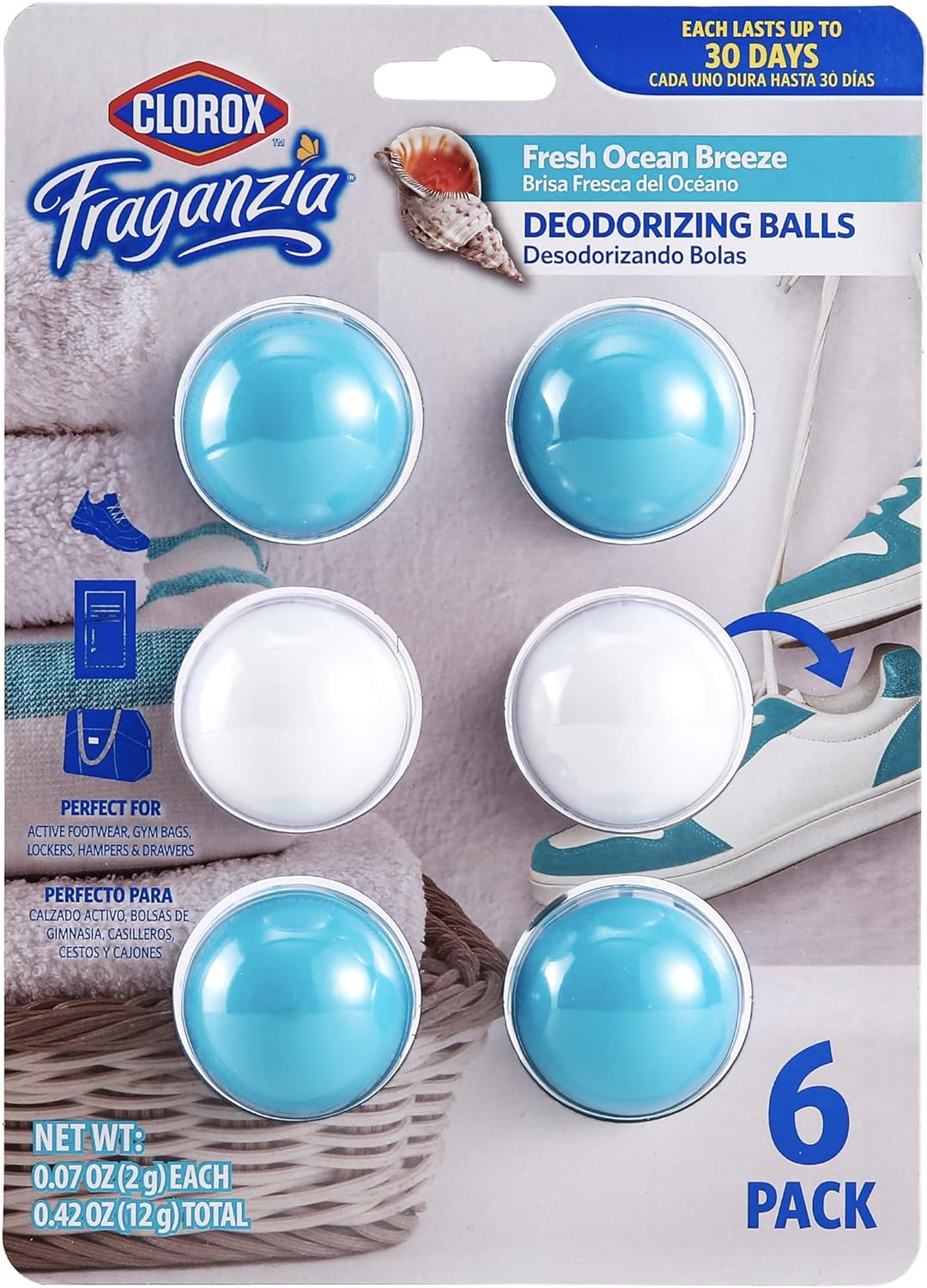 Clorox Fraganzia Deodorizing Balls with Lavender and Eucalyptus Scent, Battery-Free Shoe and Small Space Odor Eliminator with Up to 30 Days of Freshness, 6 Count Pack