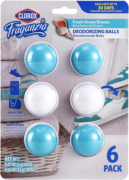 Clorox Fraganzia Deodorizing Balls with Lavender and Eucalyptus Scent, Battery-Free Shoe and Small Space Odor Eliminator with Up to 30 Days of Freshness, 6 Count Pack