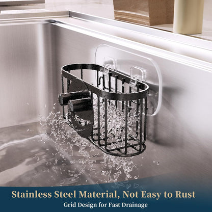 Consumest Sponge Holder Sink Caddy - Ladder Shaped Sponge Holder for Kitchen Sink with 2 Installation Ways (Suction Cups & Adhesive Hook), Rustproof Stainless Steel Kitchen Organizer, Silver