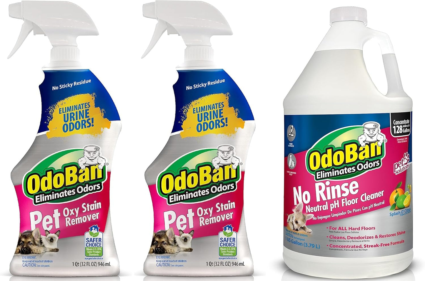 OdoBan Pet Solutions Oxy Stain Remover, Made in the USA, 2-Pack, 32 Ounce Sprays Each, and Neutral pH Floor Cleaner Concentrate, 1 Gallon