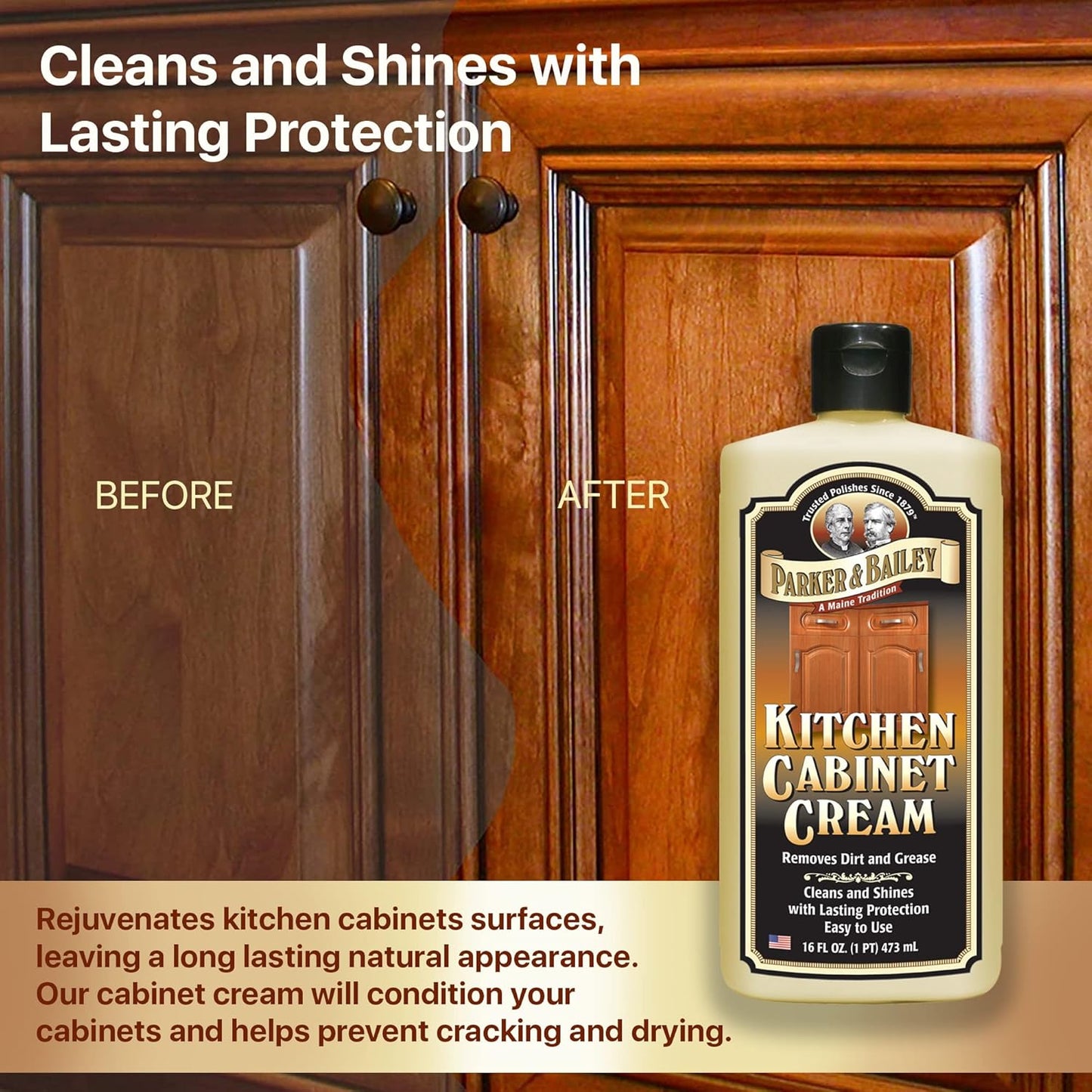 Parker & Bailey Kitchen Cabinet Cream, Multi Surface Cleaner & Furniture Cleaner, Quick Shine Wood Restorer & Protector for Cabinets, Tables & Surfaces, Renews & Restores a Finish for Wood, 16oz