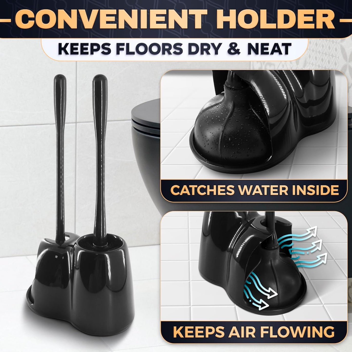 Toilet Brush and Holder Set - Silicone Toilet Brush Cleaner with Dark Grey Holder Base, Compact Accessory for Small Spaces - Easy to Place & Simple to Store After Use, Plastic Bathroom Cleaning Tool