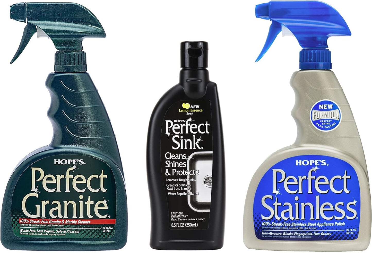 HOPE'S Perfect Stainless, Perfect Granite, and Perfect Sink Cleaner Bundle, Streak Free Polishing Kitchen Cleaners Removes Stains, Restores, and Repels Water, 3 Pack