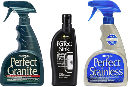 HOPE'S Perfect Stainless, Perfect Granite, and Perfect Sink Cleaner Bundle, Streak Free Polishing Kitchen Cleaners Removes Stains, Restores, and Repels Water, 3 Pack