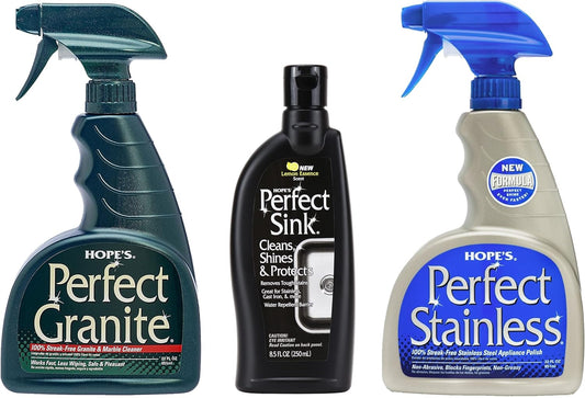 HOPE'S Perfect Stainless, Perfect Granite, and Perfect Sink Cleaner Bundle, Streak Free Polishing Kitchen Cleaners Removes Stains, Restores, and Repels Water, 3 Pack