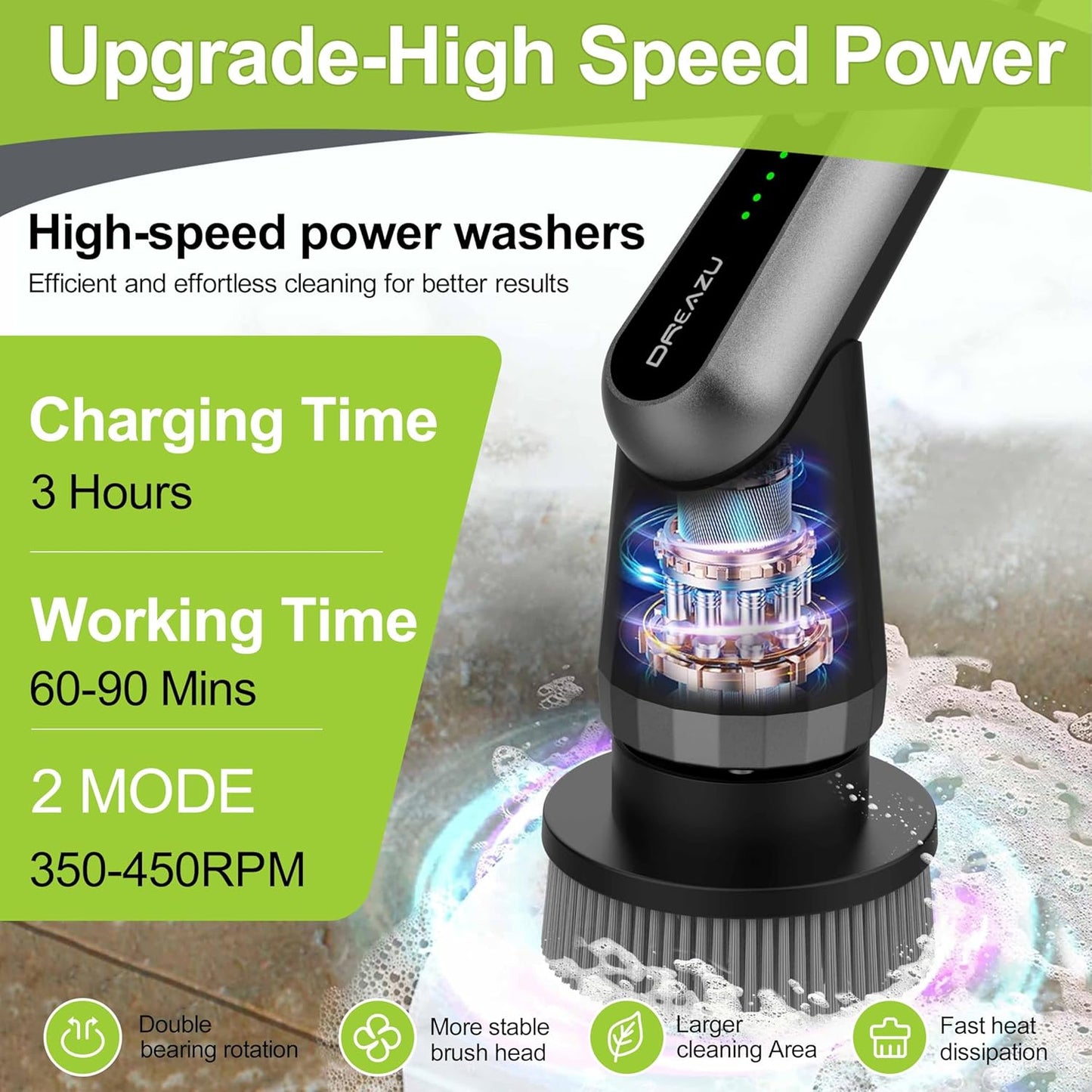 Electric Spin Scrubber, Dreazu IPX7 Shower Scrubber with 7 Replaceable Brush Heads & Retractable Handle, 2-Speed Adjustable Shower Cleaner for Bathroom,Toilet, Bathtub, Kitchen, Tile Floors