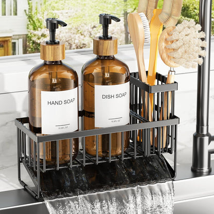 Cisily Kitchen Dish Soap Dispenser Set with 2 Pack 16.9oz Black Glass Bottle and Sponge Holder, Dish Soap Dispensers with Adjustable Sponge Holder, Vintage Hand and Dish Soap Dispensers Set