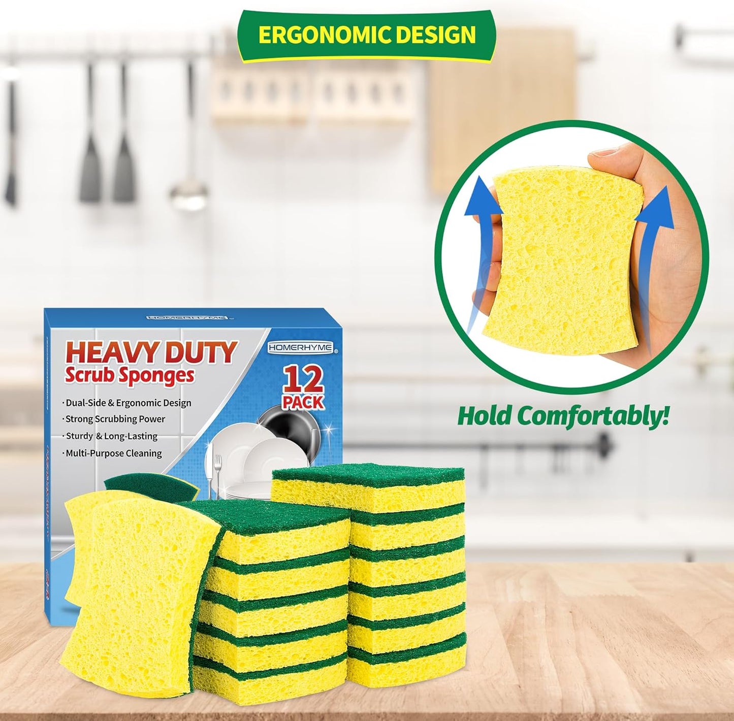 Non-Scratch Cellulose Scrub Sponges 12 Pack, Sponges Kitchen with Double-Side & Ergonomic Design for Dishes, Coated Cookware, Sink & Countertops.