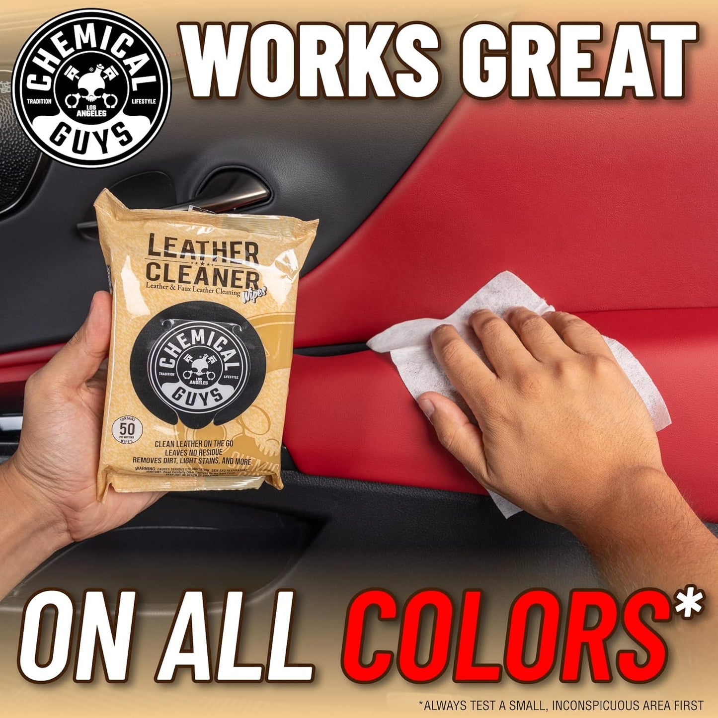 Chemical Guys Leather Cleaner Wipes Mega 50 Pack - Interior Leather Wipes for Cars, Natural, Synthetic, Faux & Pleather Surfaces, Safe for Cars, Trucks, Furniture, Boots & More, Convenient 50 Count