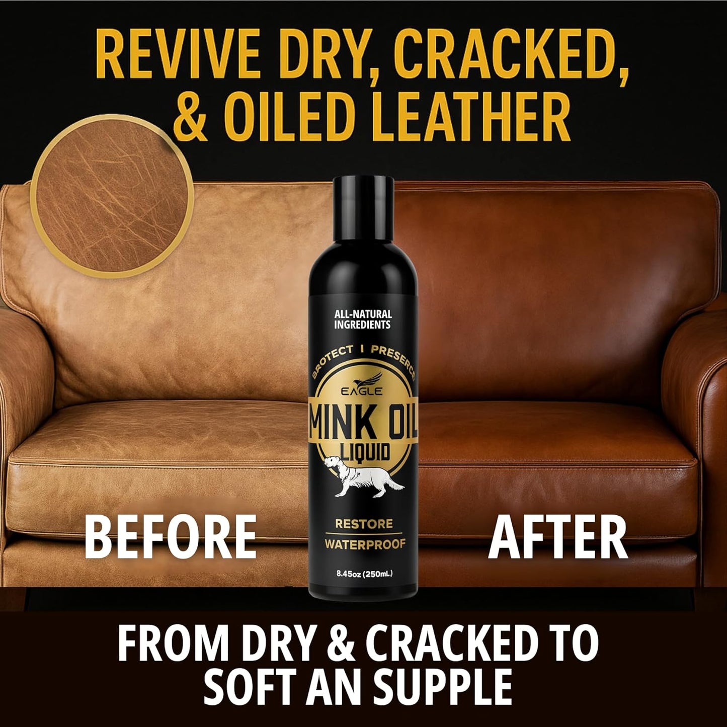 Eagle Mink Oil Liquid Leather Conditioner 8oz with Cloth – Softens, Waterproofs & Preserves Boots, Shoes, Bags, Jackets & Furniture – Natural Leather & Vinyl Conditioner for Long-Lasting Protection