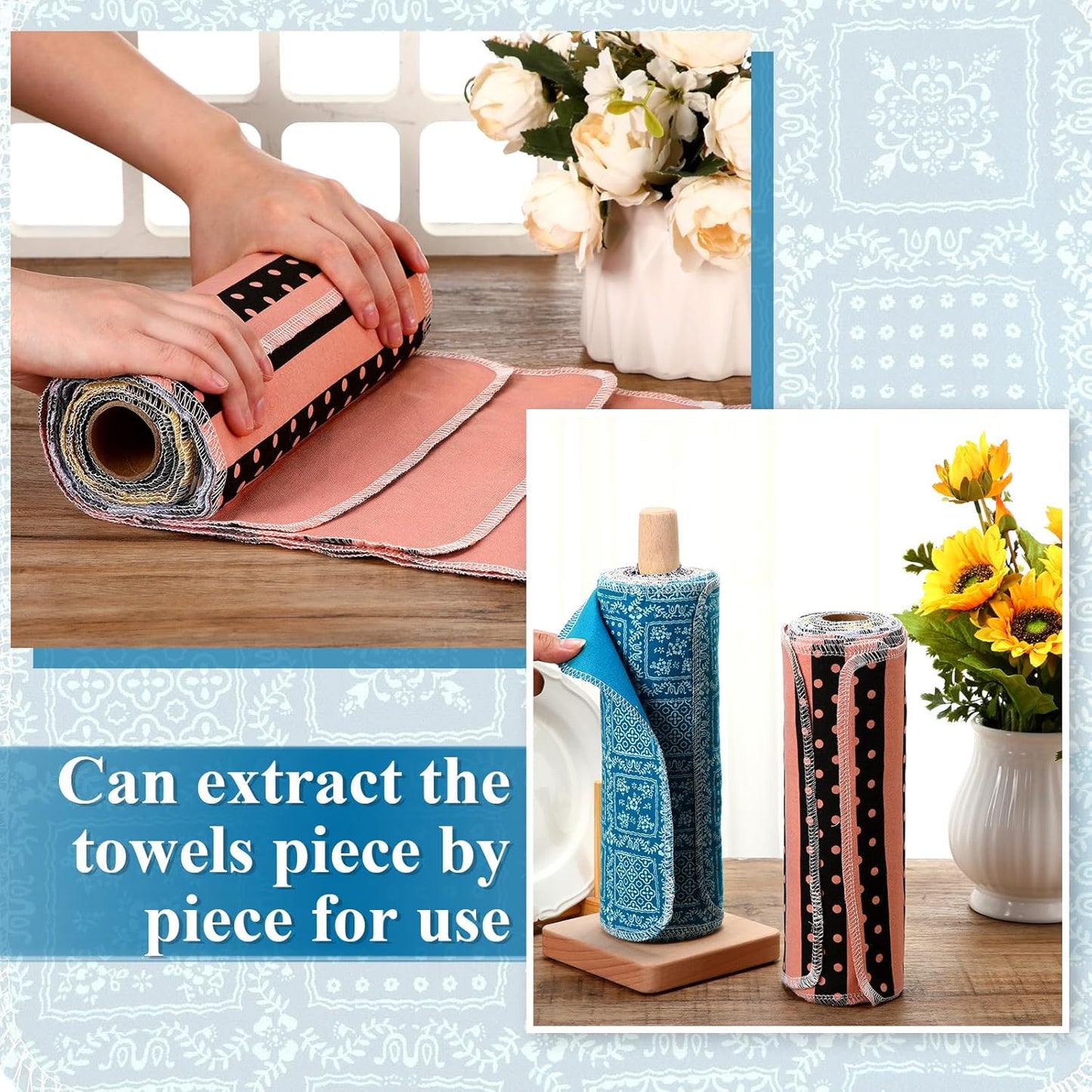 Redbaker 50 Pcs Reusable Paper Towels Paperless Reusable Cotton Cloths Toilet Absorbent Washable Paper Towels with Roll Kitchen Dishcloth for Kitchen Paperless Dishcloths(Stripe)