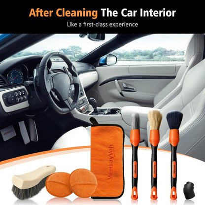 YeewayVeh 3pcs Car Detailing Brush Set, Boars Hair Detailing Brushes, Ultra Soft Detail Brush for Air Vent Leather Seat, Scratch Free Car Detailing Brushes for Interior Exterior, Orange