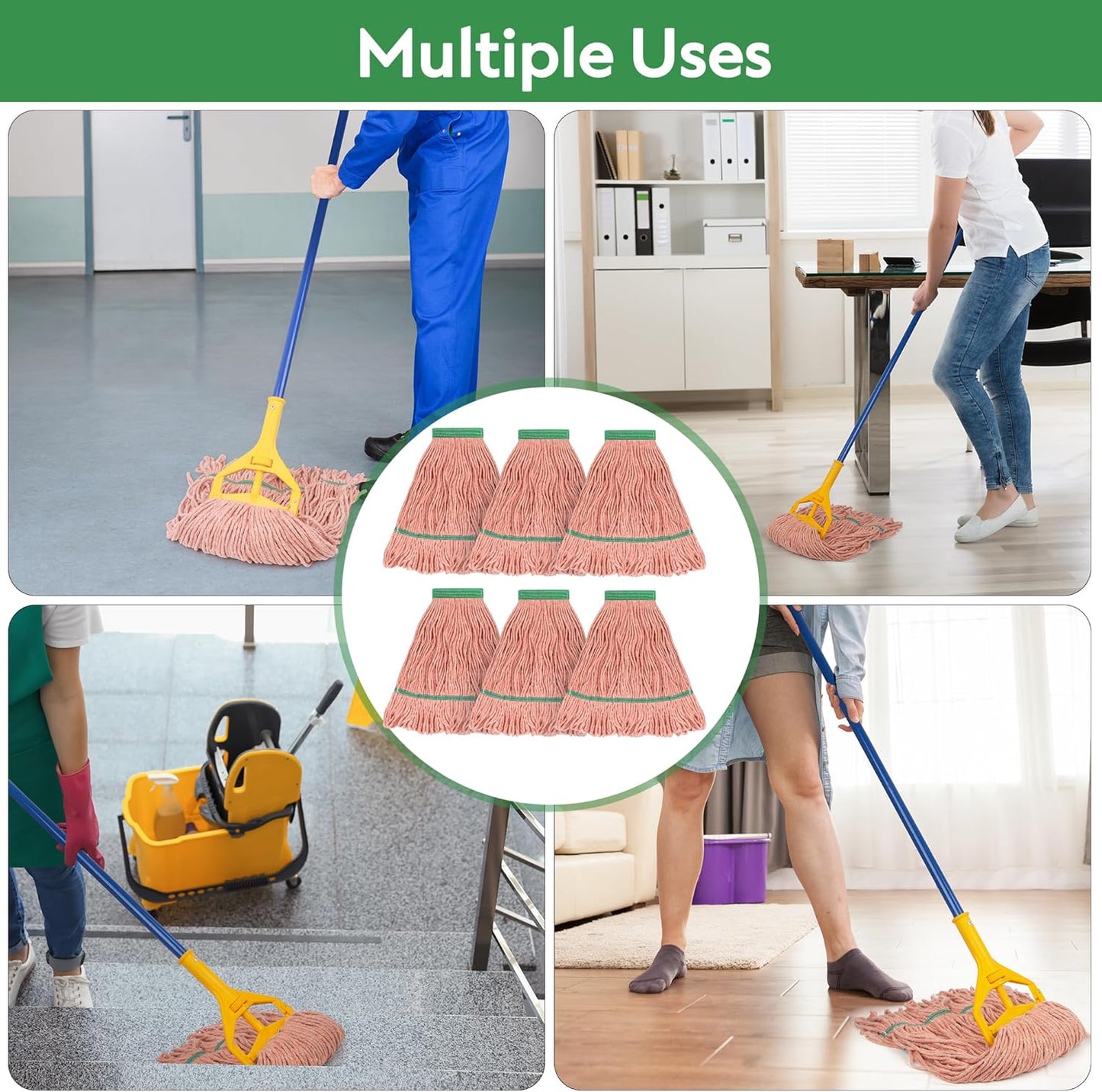 Matthew Cleaning Heavy Duty Mop Head Commercial Replacement for General and Floor Cleaning , Wet Industrial Blue Cotton Looped End String Head Refill (Pack of 6) Blue