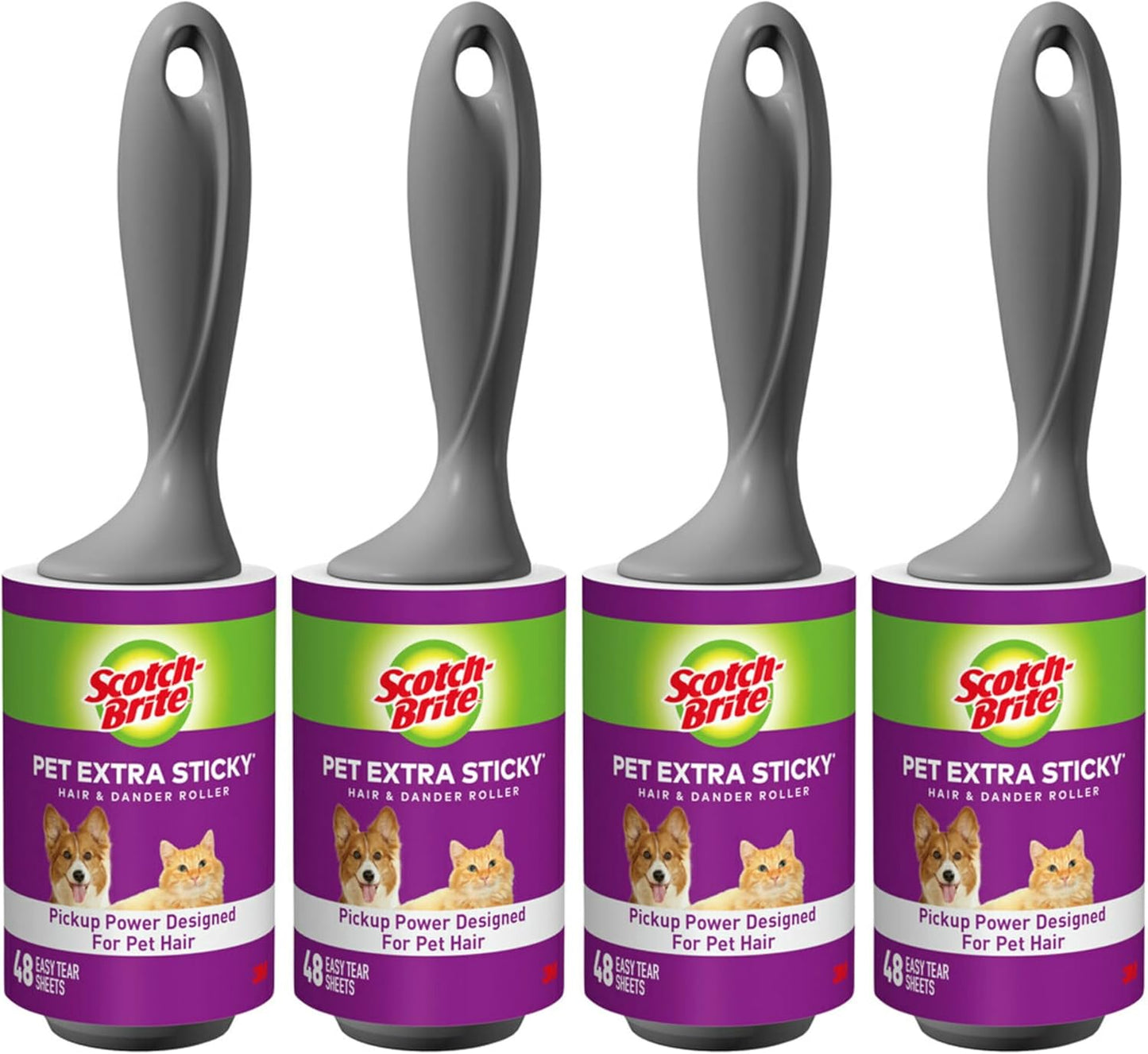 Scotch-Brite Pet Hair Pickup Extra Sticky Lint Roller, Designed for Removing Fur + Fluff on Couches, Clothes, Dog and Cat Beds, & More, 4 Pack, 192 Easy-Tear Adhesive Sheets Total